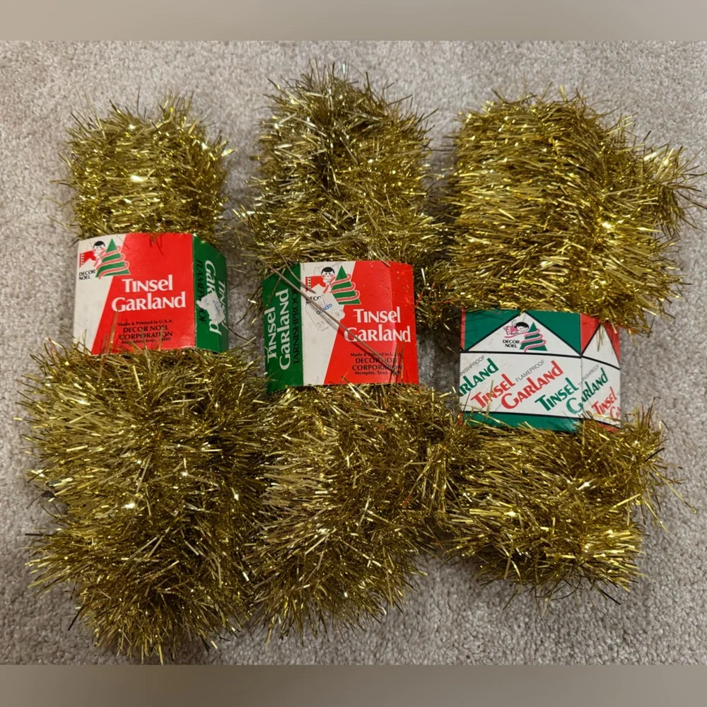 Vintage NIP mid century gold tinsel garland set of 3